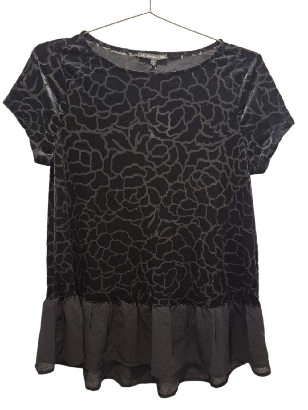 New Adrianna Papell Black Floral Burnout Velvet Ruffle Peplum Top Blouse Size M